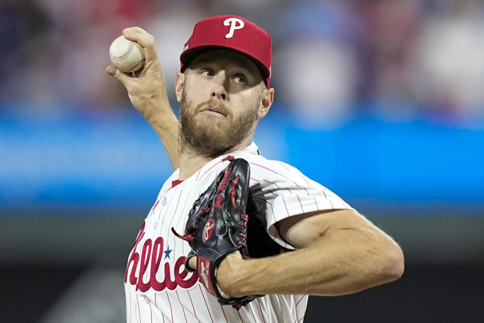 Philadelphia Phillies starting pitcher Zack Wheeler throws against the Arizona Diamondbacks during the first inning in Game 1 of the baseball NL Championship Series in Philadelphia, Monday, Oct. 16, 2023. (AP Photo/Brynn Anderson)