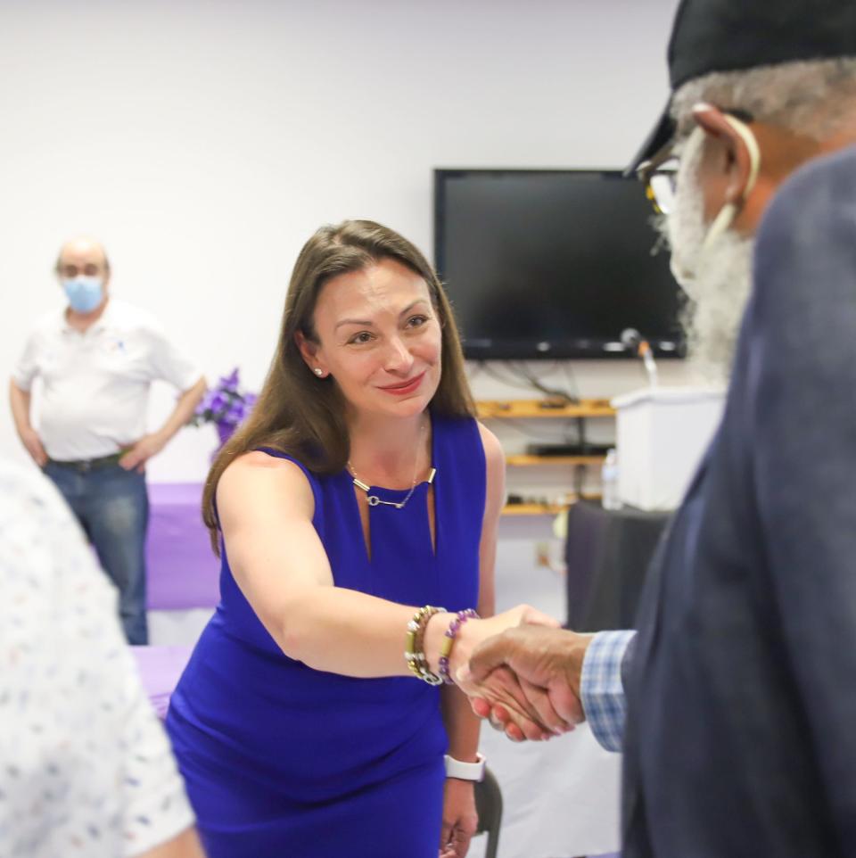 Nikki Fried, a Democratic candidate for governor, meets with voters in Crestview in the Florida Panhandle. Fried is the Florida commissioner of agriculture and consumer services.