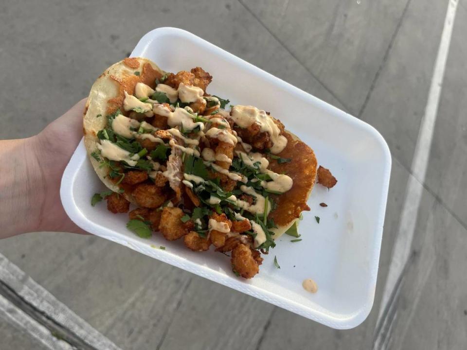 Flores Home Cooking’s shrimp tacos are cheesy, sweet and fresh, and they come highly recommended by the chef at the food truck at 4025 Hemphill St. in Fort Worth, on April 18, 2024.