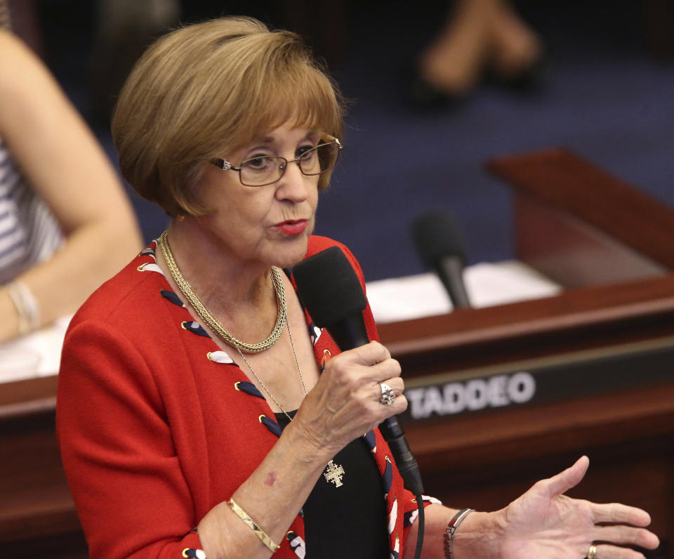 Sen. Gayle Harrell, R-Stuart, speaks about a bill to allow teachers to be armed during a legislative session Wednesday April 17, 2019, in Tallahassee, Fla. (AP Photo/Steve Cannon)