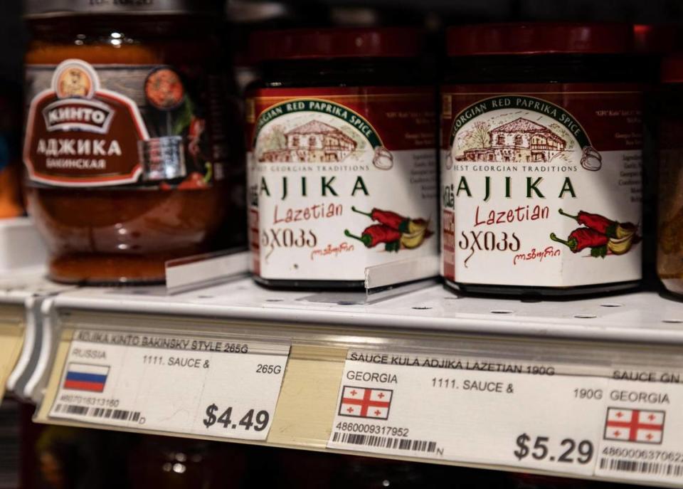 Sunny Isles Beach has a large population of Eastern European immigrants. The grocery store and deli Matryoshka, a favorite eatery for many residents, sells products from across Eastern European countries. Above: Sauces from the Republic of Georgia and Russia line the shelves at Matryoshka in Sunny Isles Beach.