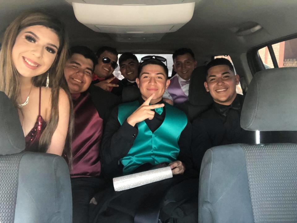 These Ben Bolt High School students thought they’d be taking a limo to prom night dinner, but instead, they ended up in the back of the Parks’ SUV. (Photo: Courtesy of Marisa Trevino)