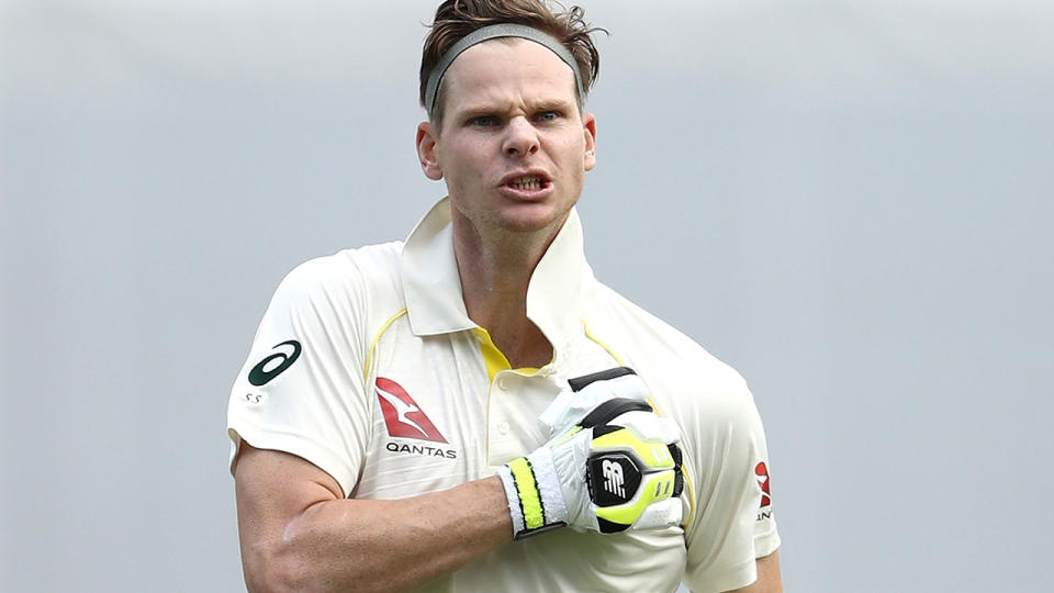 Steve Smith pounds his chest after scoring a century.