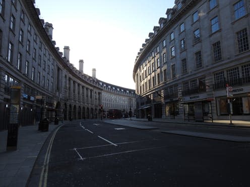 <span class="caption">Oxford Circus without shoppers.</span> <span class="attribution"><a class="link " href="https://www.shutterstock.com/image-photo/london-uk-march-23rd-2020-londons-1684575280" rel="nofollow noopener" target="_blank" data-ylk="slk:Shutterstock/heardiniondon;elm:context_link;itc:0;sec:content-canvas">Shutterstock/heardiniondon</a></span>