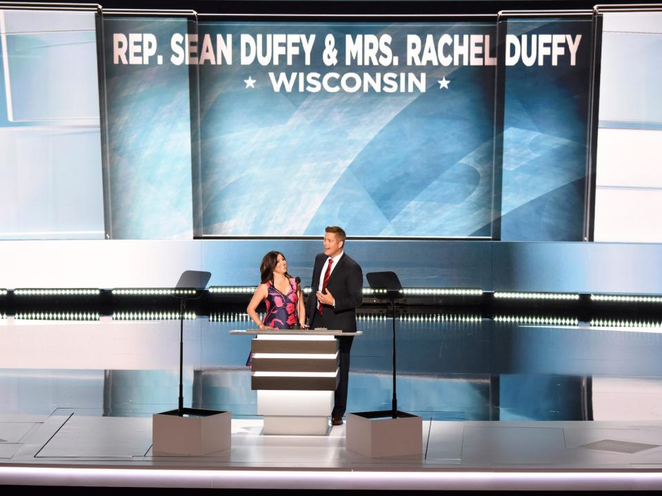 Rep. Sean Duffy of Wisconsin and his wife, Rachel, address attendees at the 2016 Republican National Convention in Cleveland, Ohio.