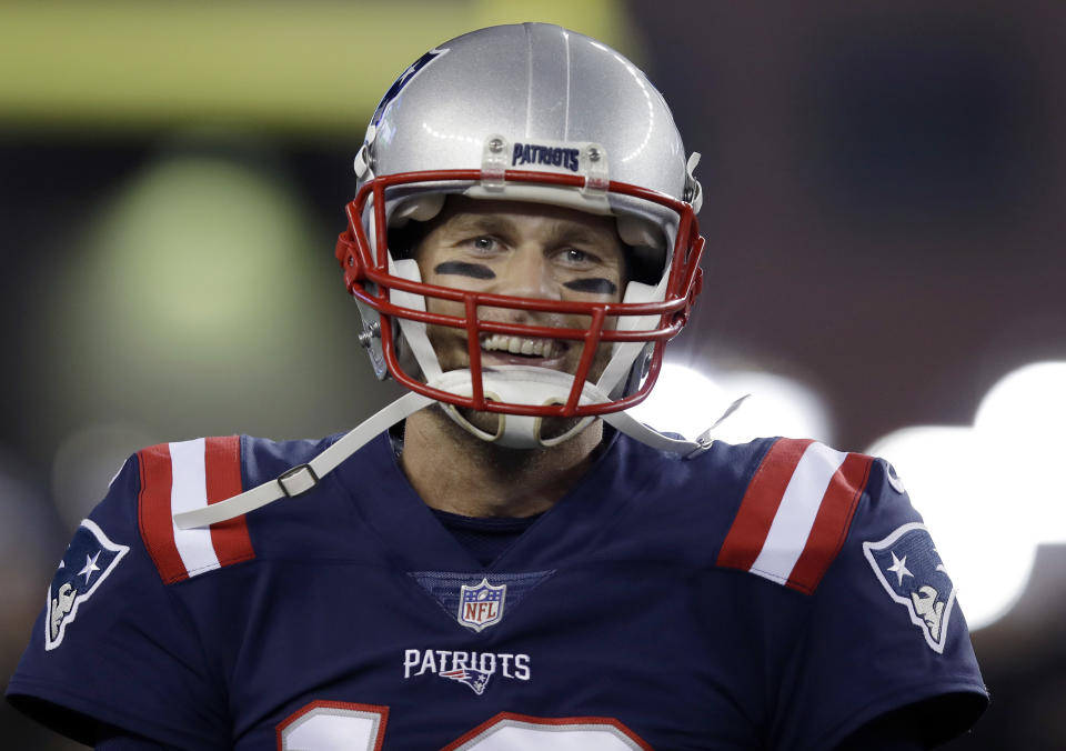 New England quarterback Tom Brady warms up before the Patriots’ game against Atlanta. (AP)