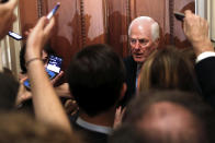 Senate Majority Whip Sen. John Cornyn, R-Texas, responds to reporters' questions on Supreme Court nominee Brett Kavanaugh Tuesday, Sept. 18, 2018, on Capitol Hill in Washington. (AP Photo/Jacquelyn Martin)