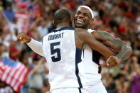 Kevin Durant #5 of the United States and team mate LeBron James #6 of the United States celebrate in the Men's Basketball gold medal game between the United States and Spain on Day 16 of the London 2012 Olympics Games at North Greenwich Arena on August 12, 2012 in London, England. (Photo by Christian Petersen/Getty Images)