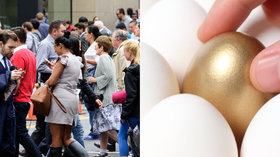 Compilation image of people walking and golden egg among white eggs