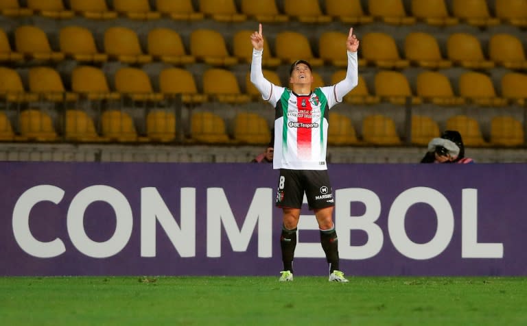 El jugador de Palestino de Chile Fernando Cornejo celebra tras anotar el gol del triunfo ante Flamengo 1-0 por Copa Libertadores en Coquimbo, Chile, el martes 7 de mayo de 2024 (Javier TORRES)