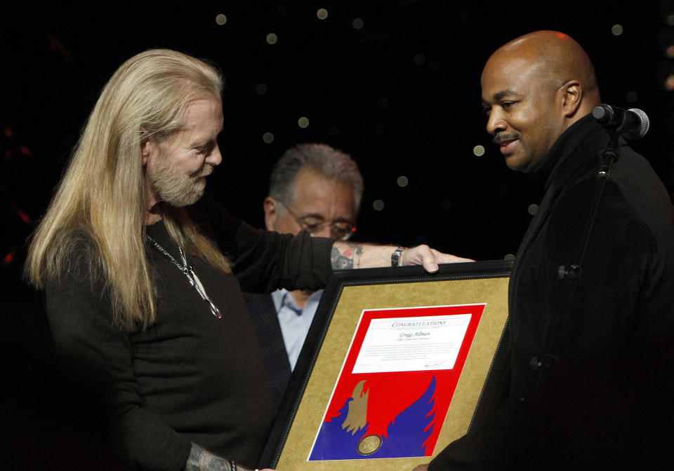 Gregg Allman received awards from the Governor of Georgia, the Mayor of Atlanta and BMI during the show at All My Friends: Celebrating The Songs and Voice of Gregg Allman on Friday, Jan. 10, 2014 in Atlanta, Ga. (Photo by Dan Harr/Invision/AP)