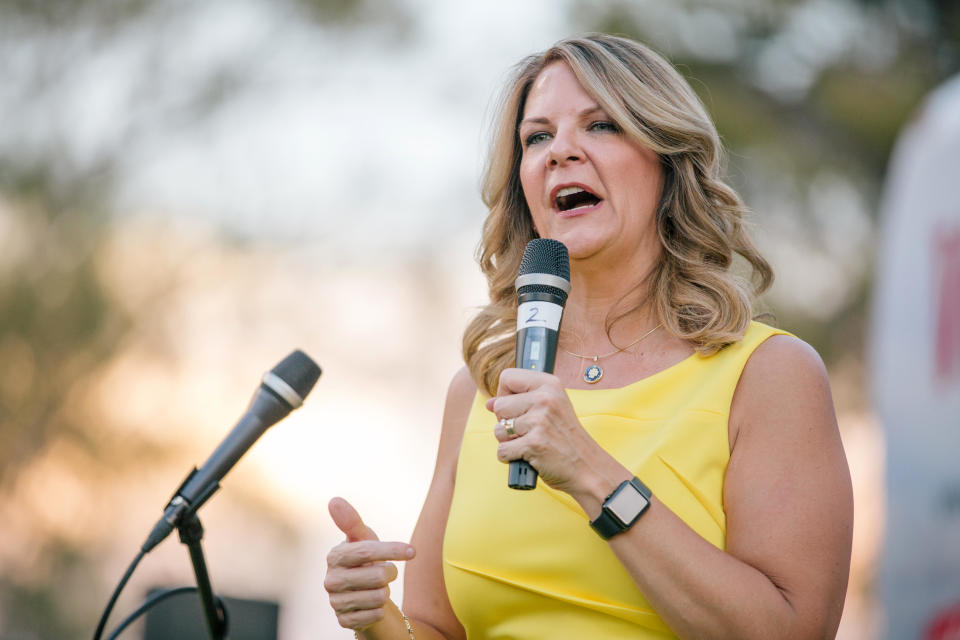 Kelli Ward, a Republican Senate candidate from Arizona, speaks during a bus tour stop in Phoenix, Arizona, on Friday, Aug. 24, 2018. / Credit: Caitlin O'Hara/Bloomberg via Getty Images
