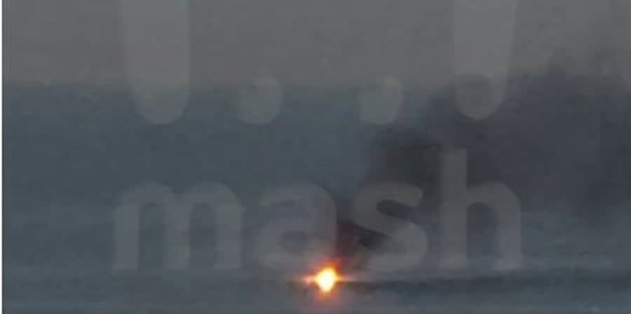 A fire blazes at Novorossiysk following an alleged naval drone strike