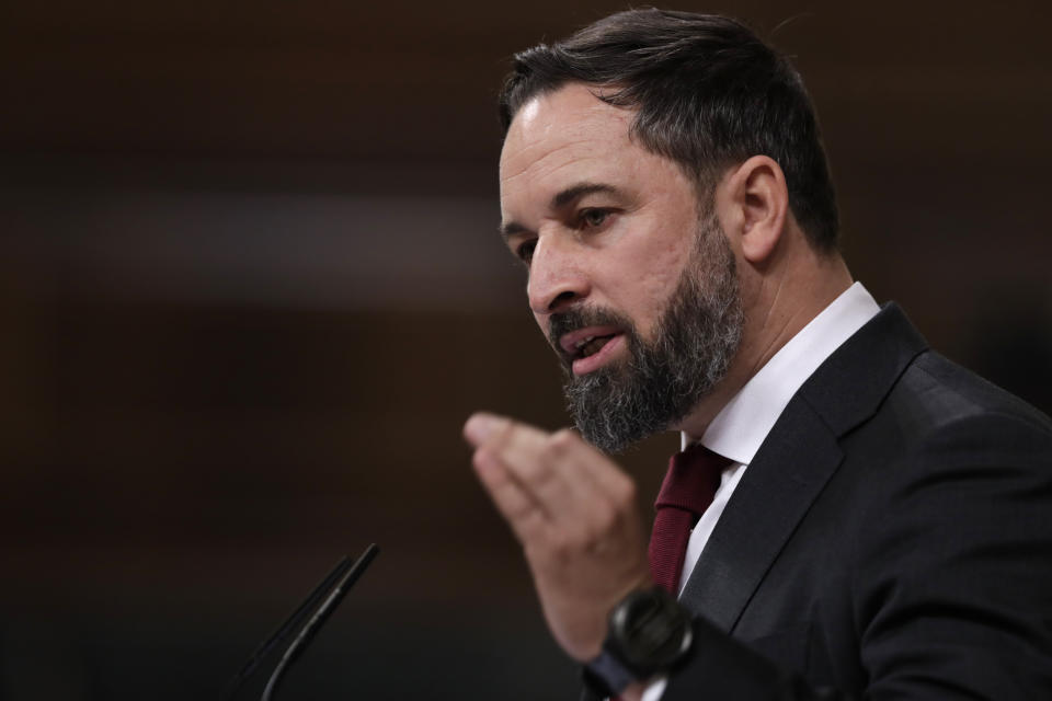 Vox party leader Santiago Abascal gives a speech during a parliamentary session in Madrid, Spain, Wednesday Oct. 21, 2020. Spanish Prime Minister Pedro Sanchez faces a no confidence vote in Parliament put forth by the far right opposition party VOX. (AP Photo/Manu Fernandez, Pool)