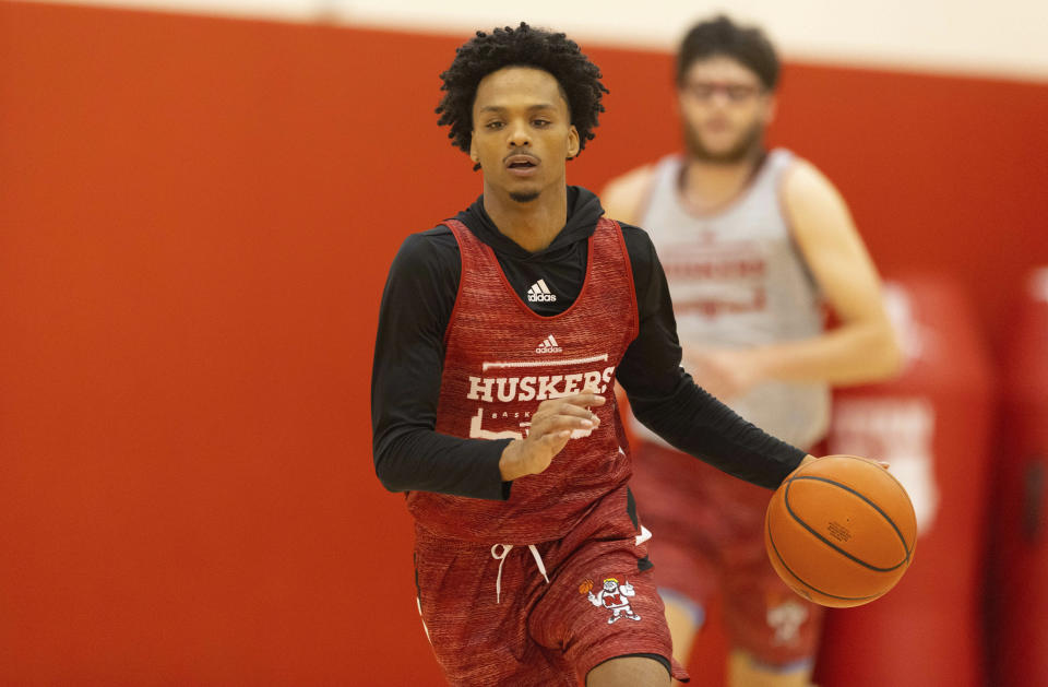Alonzo Verge Jr. dribbles down court during the Nebraska NCAA college basketball team's Pro Day workout Tuesday, Oct. 5, 2021, at the Hendricks Training Complex in Lincoln, Neb. (AP Photo/Rebecca S. Gratz)