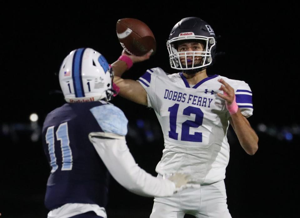 Dobbs Ferry's Kevin Hartnett passes at Westlake Oct. 13, 2023. Westlake won 8-0.