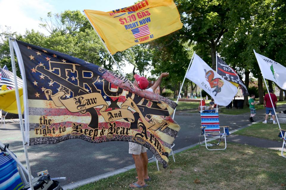 Portsmouth officials have received a number of complaints from residents about supporters of former President Donald Trump who have been appearing regularly at Prescott Park all summer, seen here Tuesday, July 26, 2022. City officials point out all demonstrators have First Amendment rights, but are working to clarify rules regarding the park's public forum area.