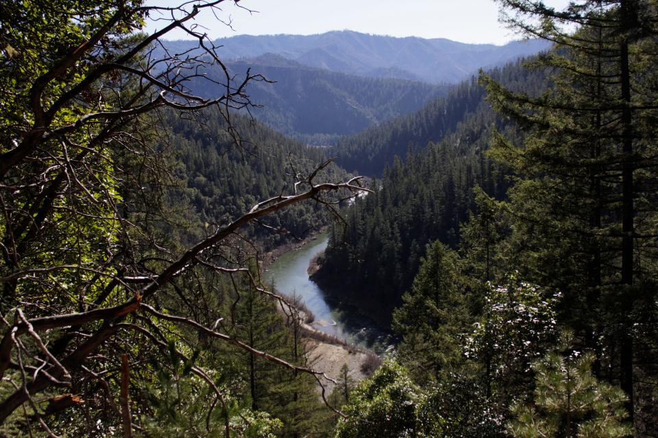 The Klamath River is seen flowing across Northern California from atop Cade Mountain in the Klamath National Forest.