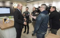 Brian Harriman, Cannabis NB president and CEO, speaks with media inside a Cannabis NB retail store in Fredericton, New Brunswick, on Tuesday, Oct. 16, 2018. (Stephen MacGillivray/The Canadian Press via AP)