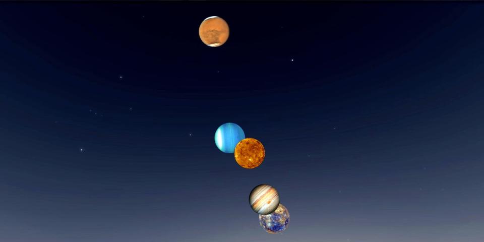 Mars, Uranus, Venus, Jupiter, and Mercury on a sky background