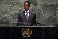Zambia's President Edgar Chagwa Lungu addresses the 74th session of the United Nations General Assembly, Wednesday, Sept. 25, 2019. (AP Photo/Richard Drew)