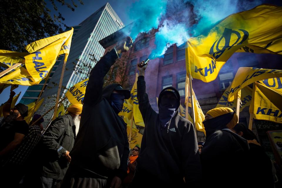 Supporters of the Khalistan movement are pictured protesting outside of the Consulate General of India Office in Vancouver, B.C, on Friday, September 8, 2023.