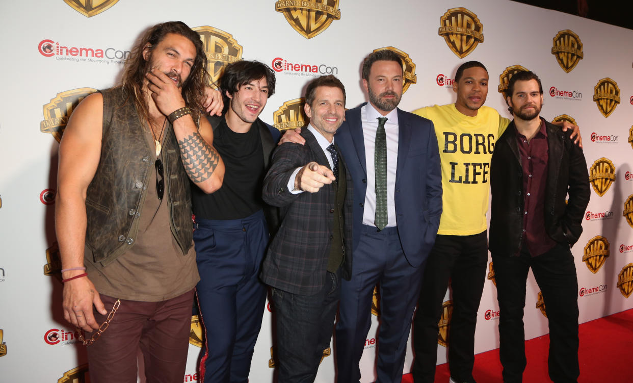 LAS VEGAS, NV - MARCH 29:  (L-R) Actors Jason Momoa, Ezra Miller, director Zack Snyder, actors Ben Affleck, Ray Fisher and Henry Cavill attend the Warner Bros. Pictures presentation during CinemaCon at The Colosseum at Caesars Palace on March 29, 2017 in Las Vegas, Nevada.  (Photo by Gabe Ginsberg/WireImage)