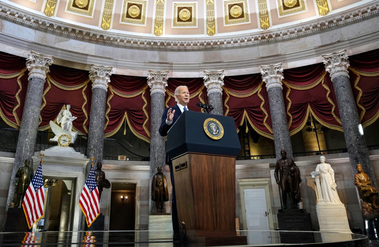 U.S. President Joe Biden delivers remarks on the one-year anniversary of the January 6 attack on the U.S. Capitol during a ceremony in Statuary Hall at the U.S. Capitol on Jan. 06, 2022, in Washington, DC.