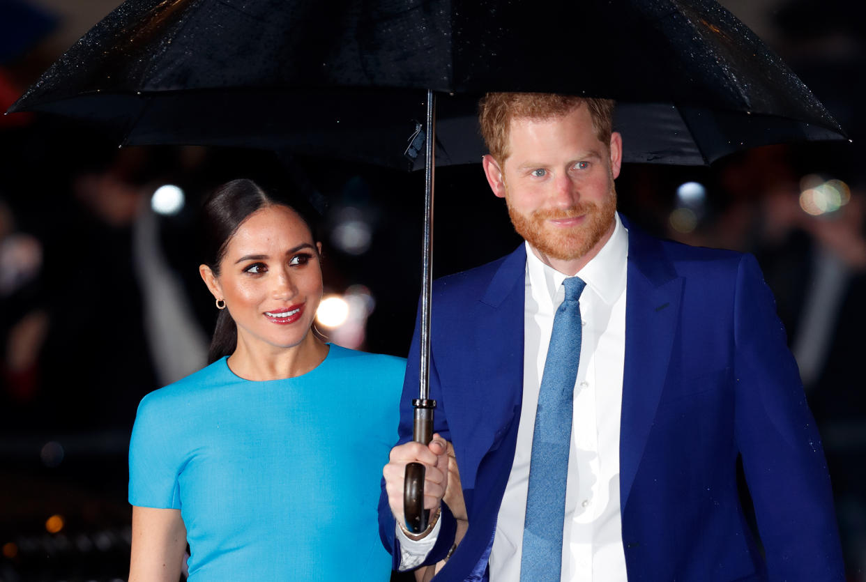 LONDON, UNITED KINGDOM - MARCH 05: (EMBARGOED FOR PUBLICATION IN UK NEWSPAPERS UNTIL 24 HOURS AFTER CREATE DATE AND TIME) Meghan, Duchess of Sussex and Prince Harry, Duke of Sussex attend The Endeavour Fund Awards at Mansion House on March 5, 2020 in London, England. (Photo by Max Mumby/Indigo/Getty Images)