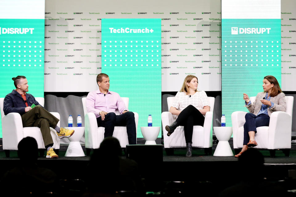 (L-R) Tim De Chant, Senior Climate Writer, TechCrunch+, Gene Berdichevsky, Co-founder & CEO, Sila, Erin Price-Wright, Partner, Index Ventures and Milo Werner, General Partner, The Engine, speak onstage during TechCrunch Disrupt 2022 on October 19, 2022 in San Francisco, California.