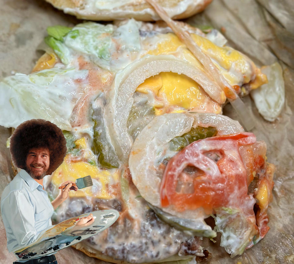 Bob Ross painting a burger