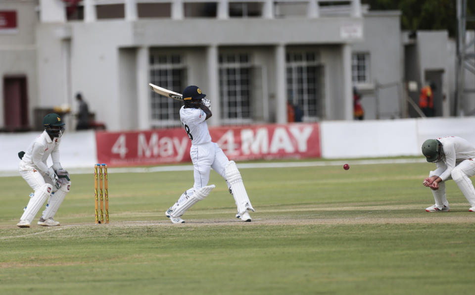 Sri Lanka batsman Suranga Lakmal plays a shot during the test cricket match against Zimbabwe at Harare Sports Club, in Harare, Wednesday, Jan. 29, 2020. (AP Photo/Tsvangirayi Mukwazhi)