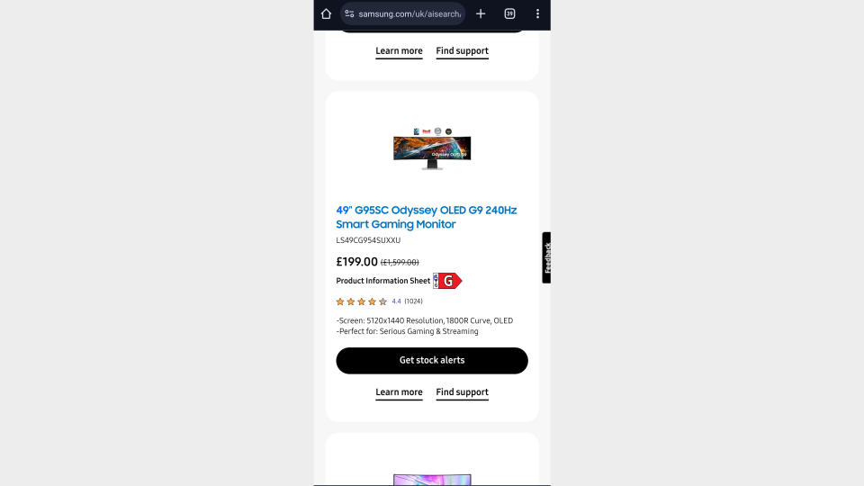 Samsung OLED G9 gaming monitor sale page on a mobile phone.