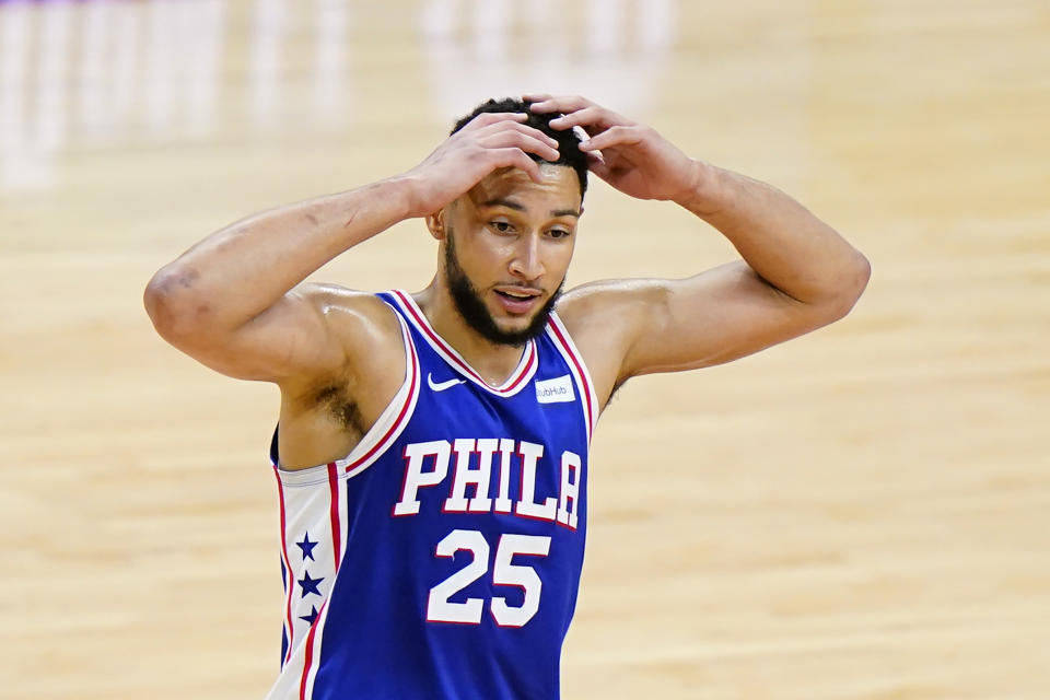 FILE - Philadelphia 76ers' Ben Simmons plays during Game 5 in a first-round NBA basketball playoff series against the Washington Wizards, in Philadelphia, in this Wednesday, June 2, 2021, file photo. Ben Simmons can't shoot and lost his confidence. He blamed a mental block on the worst free-throw shooting percentage in NBA playoff history. The 76ers head into the offseason faced with a big question - do they try and salvage Simmons or deal the former No. 1 pick. (AP Photo/Matt Slocum, File)