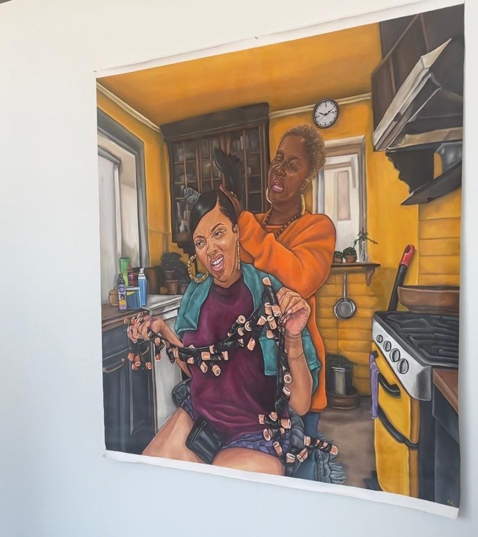 Painting of two animated characters in a kitchen, one sitting with hair rollers, the other standing