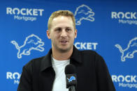 Detroit Lions quarterback Jared Goff addresses the media during an NFL football news conference, Thursday, May 16, 2024, in Allen Park, Mich. The Lions announced that they have signed Goff to a contract extension through the 2028 season. (AP Photo/Carlos Osorio)