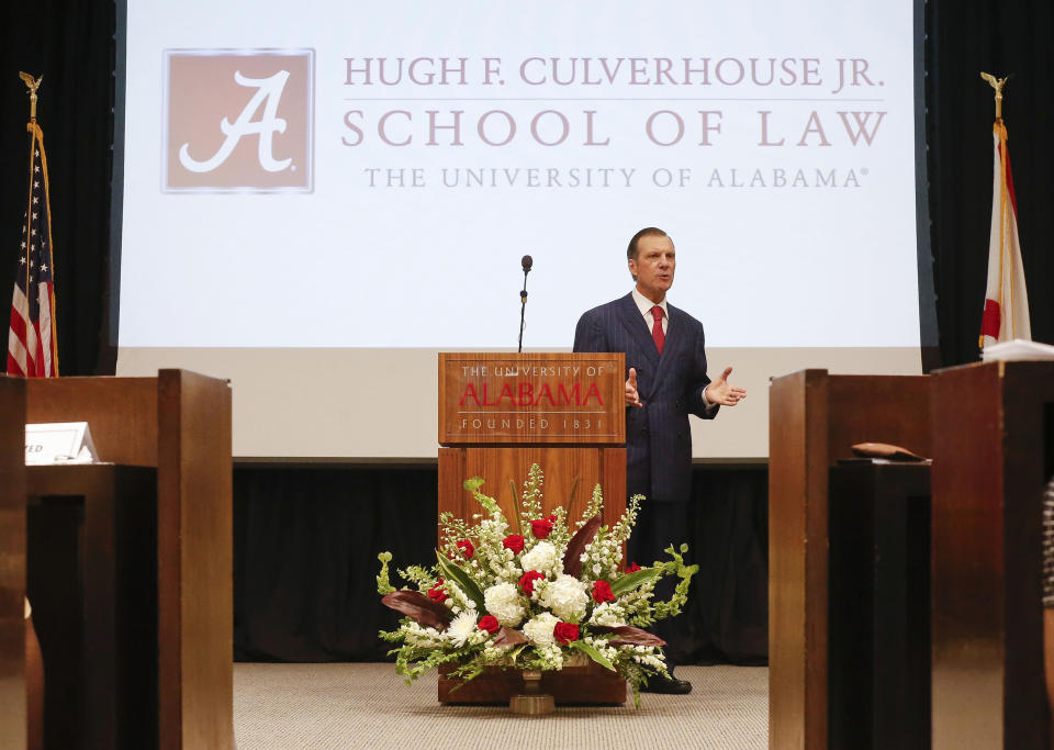 In this Sept. 20, 2018, photo, Hugh F. Culverhouse Jr., who pledged a $26.5 million donation to the University of Alabama law school, speaks during an event in Tuscaloosa, Ala. The university appears poised to reject the donation by Culverhouse, who recently called on students to boycott the university over the state's new abortion ban. (Gary Cosby Jr./The Tuscaloosa News via AP)