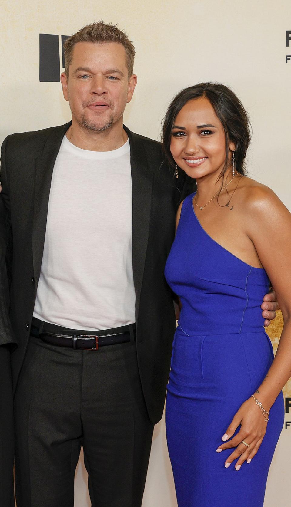 Matt Damon and Alexia Barroso pose at the premiere of "Stillwater" on July 26, 2021