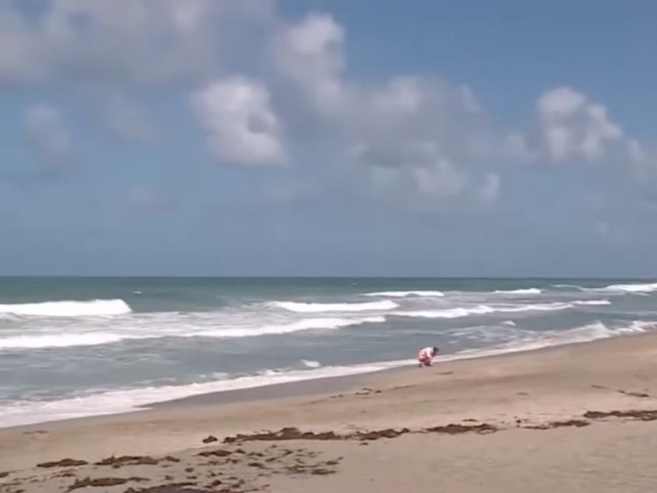 A lone beachgoer stands on the shores of Stuart Beach on Florida’s Hamilton Island. A married couple with six children, Brian Warter, 51, and Erica Wishart, 48, drowned in June 2024 off the shores of Stuart Beach after they were pulled into the ocean by rip currents. (screengrab/WBPF)