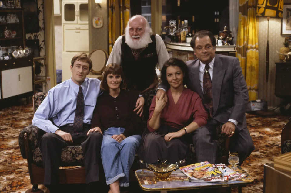 Actors Nicholas Lyndhurst, Gwyneth Strong, Buster Merryfield, Tessa Peake-Jones and David Jason in a scene from episode 'Three Men, a Woman, and a Baby' of the BBC Television sitcom 'Only Fools and Horses', January 1991. (Photo by Don Smith/Radio Times/Getty Images)