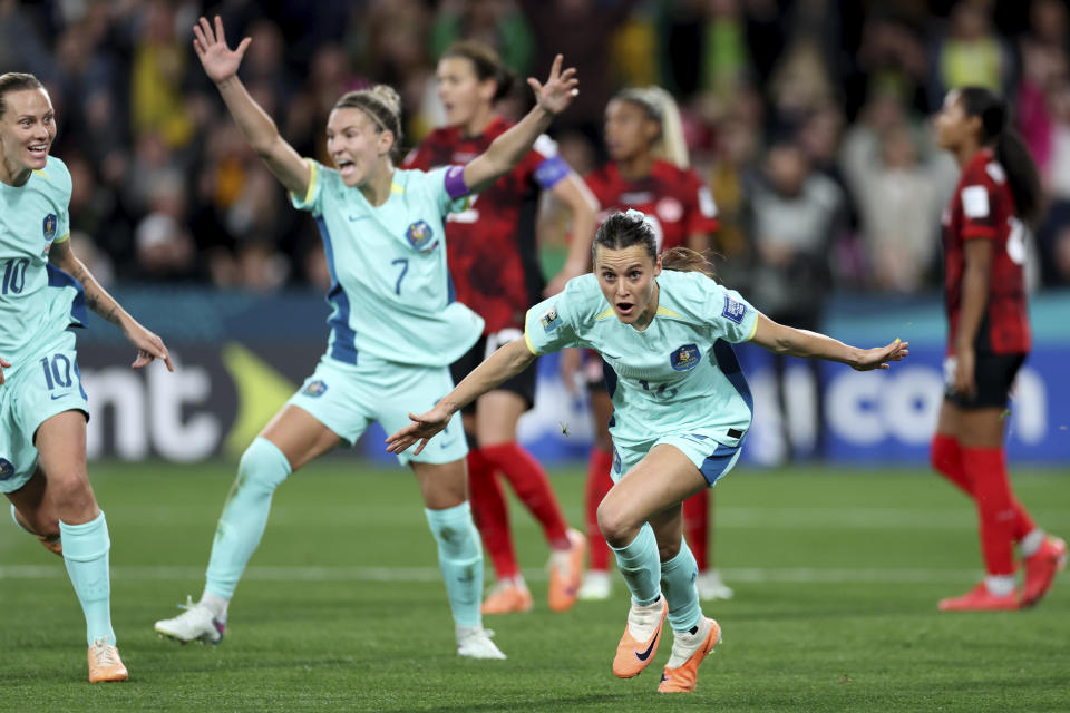 Australia's Hayley Raso celebrates a second goal in a win over Canada. 