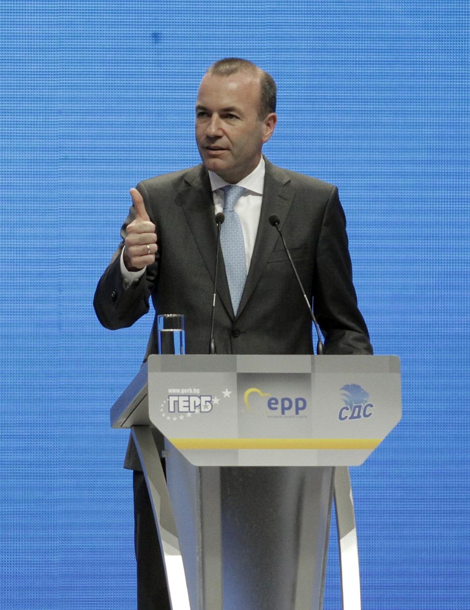 Germany's Manfred Weber of the European People's Party addresses the audience at Bulgaria's GERB ruling Party rally in Sofia, Bulgaria, Sunday, May 19, 2019. The rally comes days before more than 400 million Europeans from 28 countries will head to the polls to choose lawmakers to represent them at the European Parliament for the next five years. (AP Photo/Valentina Petrova)