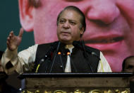 FILE - In this Oct. 3, 2017 file photo, former Pakistani Prime Minister Nawaz Sharif addresses his Pakistan Muslim League supporters during a party general council meeting in Islamabad, Pakistan. On Wednesday, Sept. 19, 2018, a Pakistani court suspended the prison sentences of Sharif, his daughter and son-in-law, and set them free on bail pending their appeal hearings. The Islamabad High Court made the decision on the corruption case handed down to the Sharifs by an anti-graft tribunal earlier this year. (AP Photo/Anjum Naveed, File)