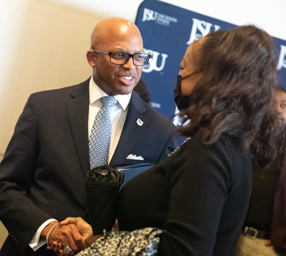 Following a news conference at Jackson State University, President Marcus L. Thompson introduced himself to attendees in Jackson. Thompson, the 13th president of the university, shared his hopes for JSU.