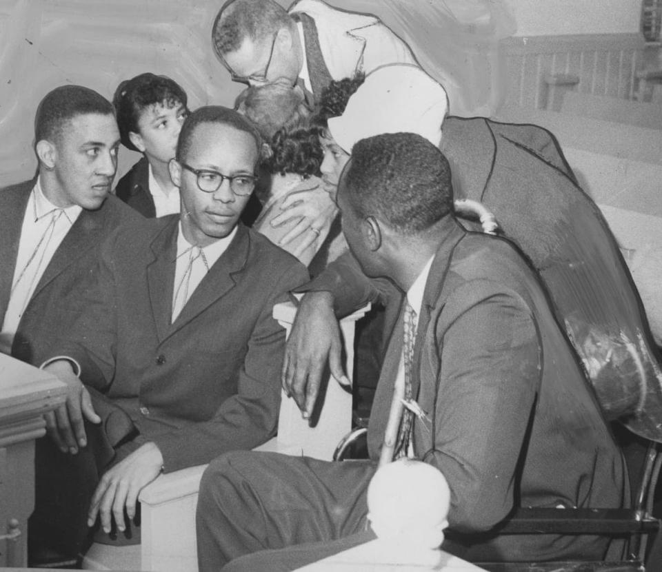 A brief strategy meeting held in the courtroom following the conviction of four out-of-town pickets, Rock Hill, South Carolina, 1961. From left to right: Joseph C Jones, Charles M Sherrod, and the Reverend CA Ivory, President of the National Association for the Advancement of Colored People Rock Hill Branch. (Photo by Afro American Newspapers/Gado/Getty Images)