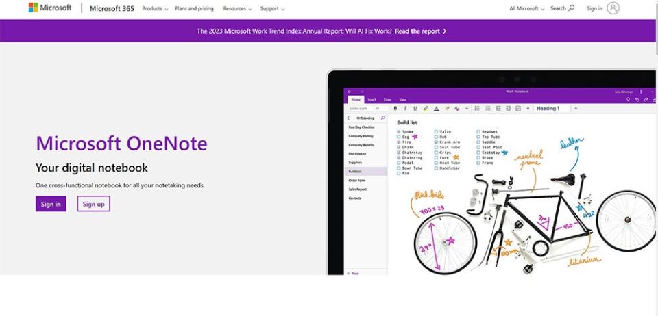 The home page of the OneNote app, which shows a bike build list and an image of a bike on an iPad screen.