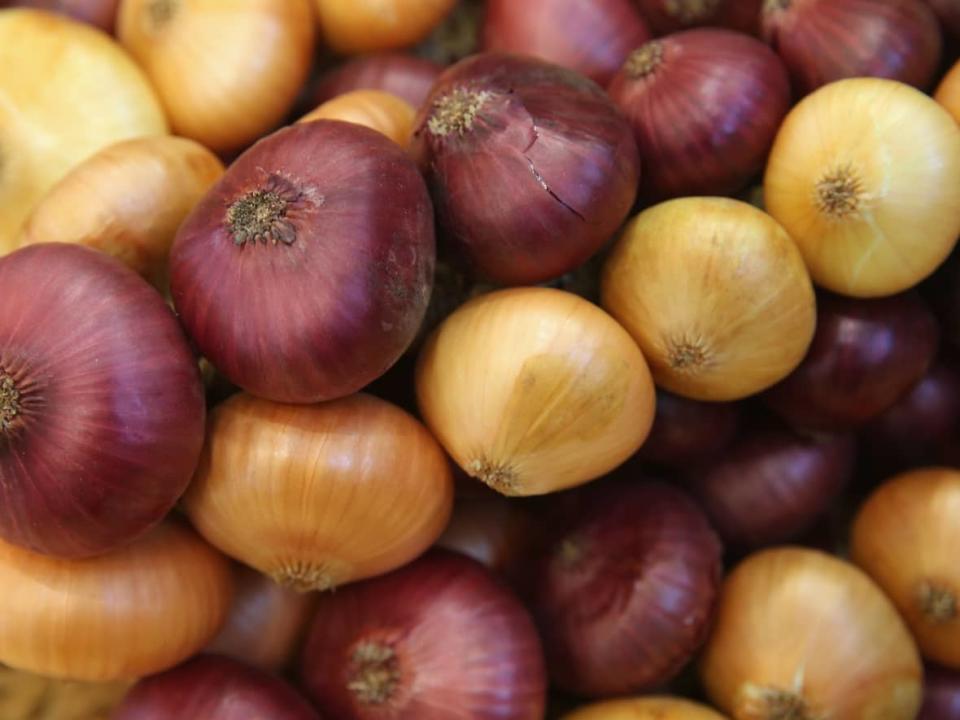 Various onions are seen on display at an agricultural trade fair in Berlin in January 2015. The Canadian Food Inspection Agency has recalled whole red, yellow and white raw onions after U.S. health officials linked the vegetables to a salmonella outbreak. (Sean Gallup/Getty Images - image credit)