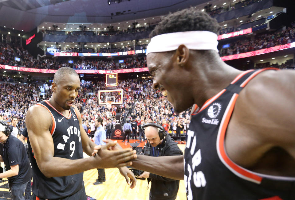 Serge Ibaka and Pascal Siakam have the length and strength to make life uncomfortable for Giannis Antetokounmpo. (Steve Russell/Toronto Star via Getty Images)