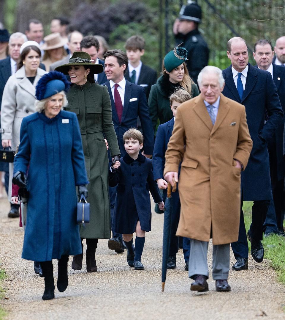 Catherine, Princess of Wales, Camilla, Queen Consort, Prince Louis, Prince George, King Charles III and Prince William, Prince of Wales attend the Christmas service at Sandringham Church on December 25, 2022 in Sandringham, Norfolk.