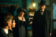 <p>Steve, Diana, and Steve’s secretery, Etta Candy (Lucy Davis), are confronted by Sir Patrick about their planned covert ops. He ultimately agrees to underwrite their expedition. (Photo: Warner Bros.) </p>